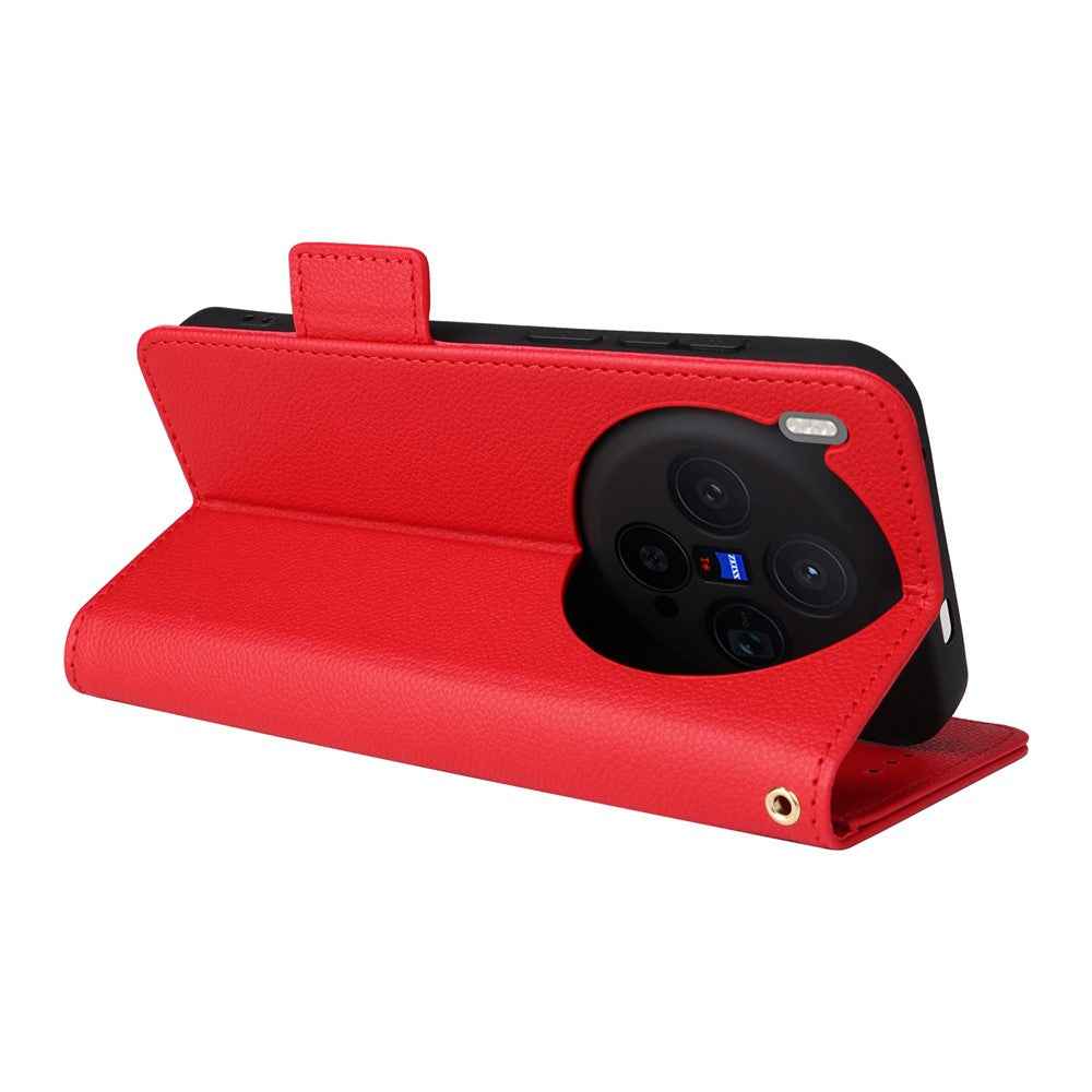 For vivo X300 5G Case Litchi Texture Wallet Leather Phone Cover with Wrist Strap - Red
