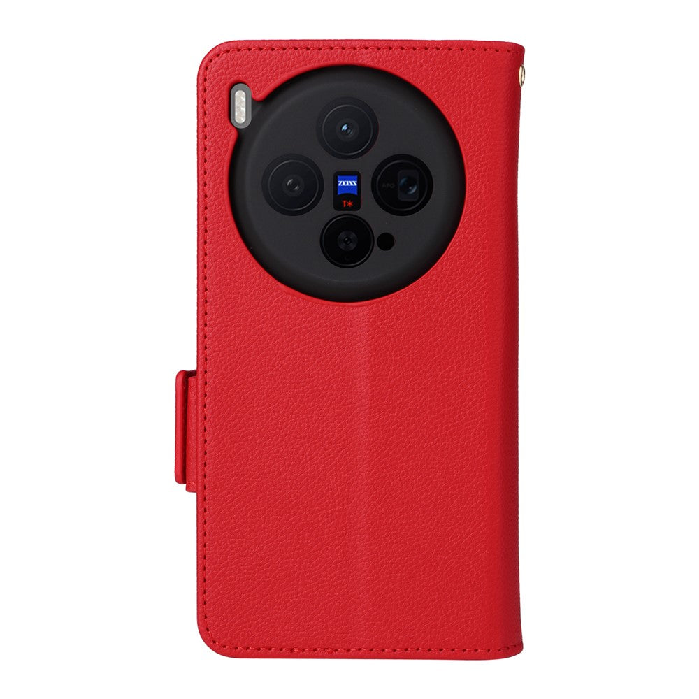 For vivo X300 5G Case Litchi Texture Wallet Leather Phone Cover with Wrist Strap - Red