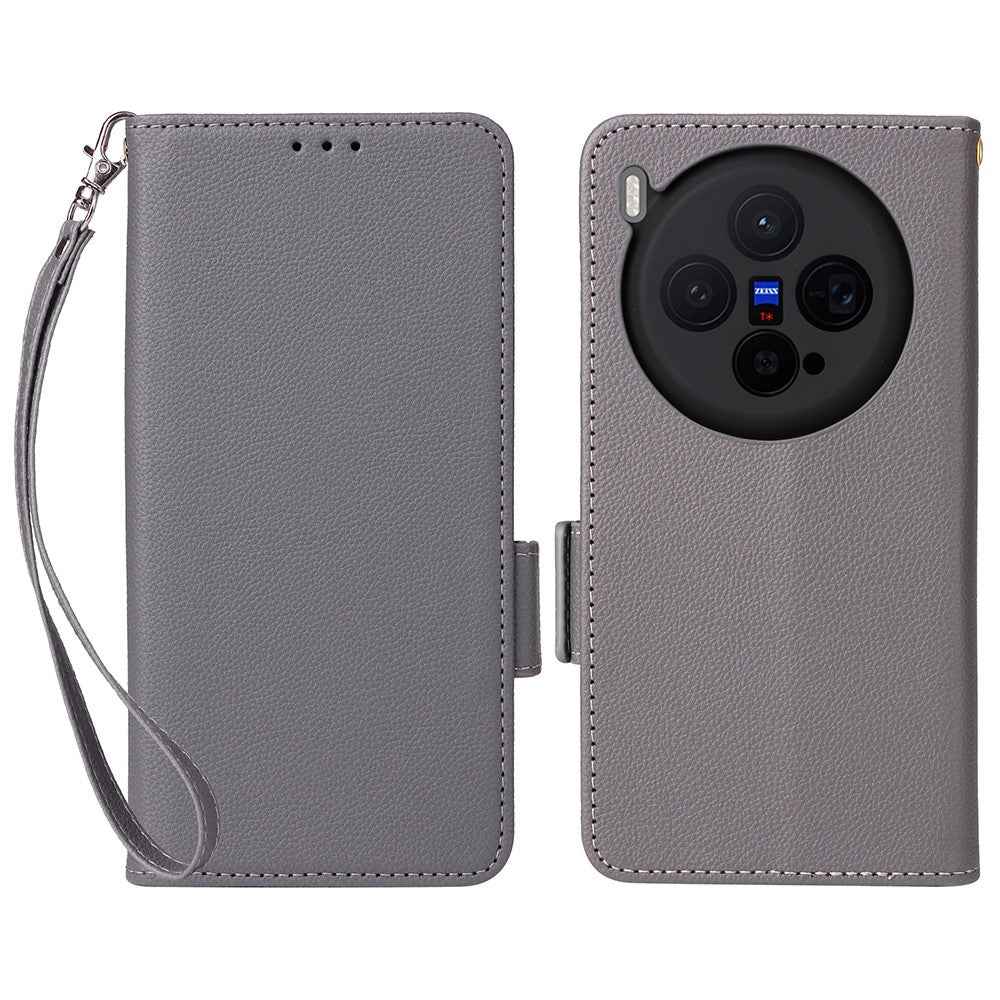 For vivo X300 5G Case Litchi Texture Wallet Leather Phone Cover with Wrist Strap - Grey