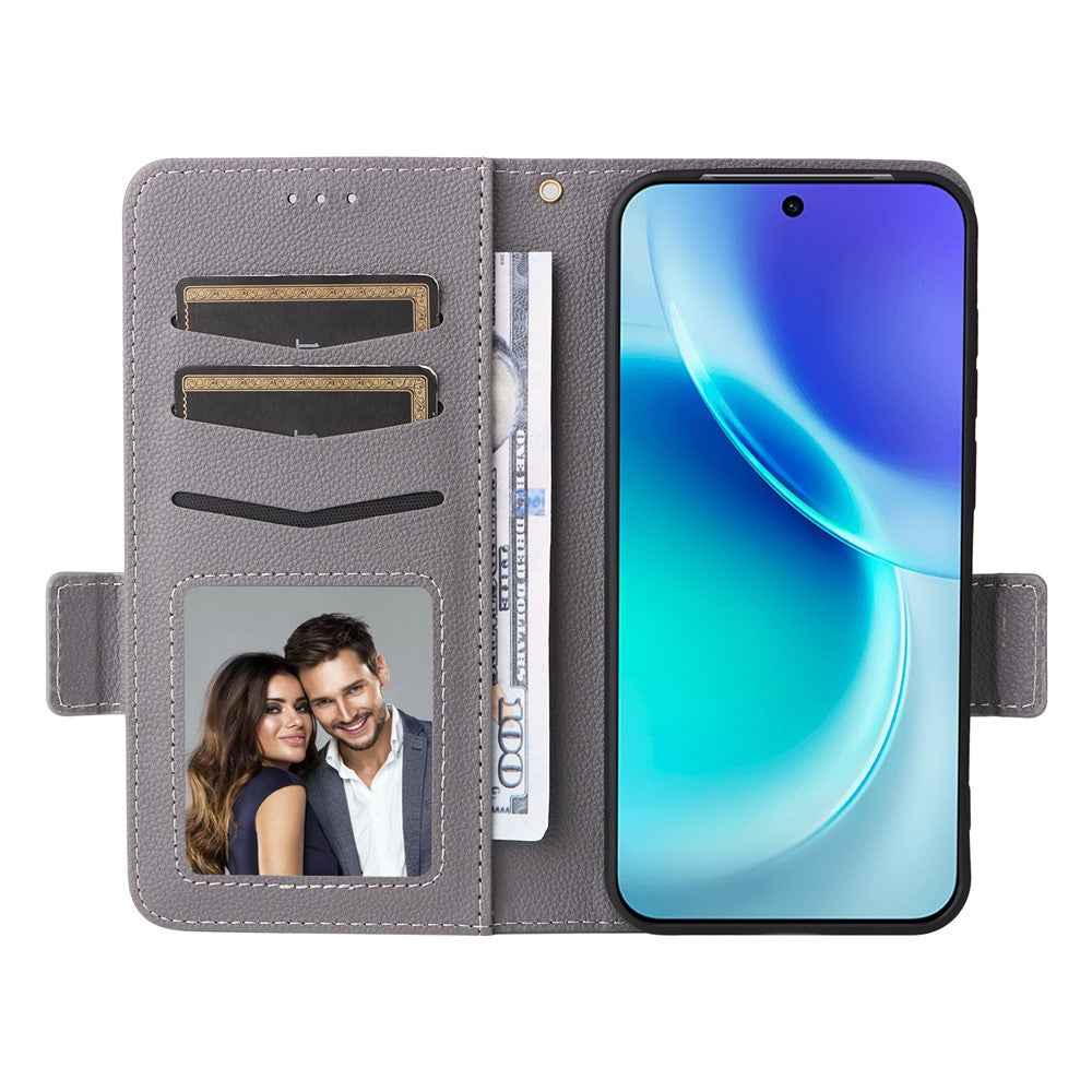 For vivo X300 5G Case Litchi Texture Wallet Leather Phone Cover with Wrist Strap - Grey