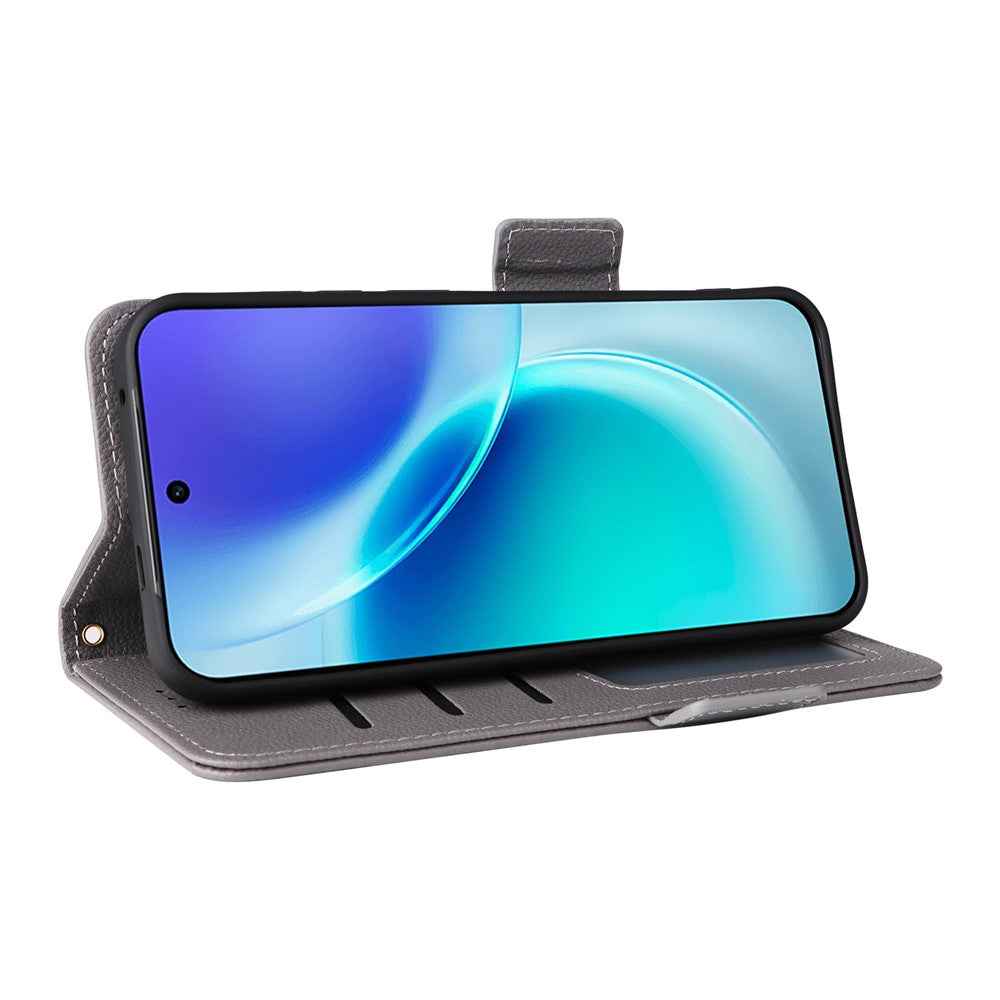 For vivo X300 5G Case Litchi Texture Wallet Leather Phone Cover with Wrist Strap - Grey
