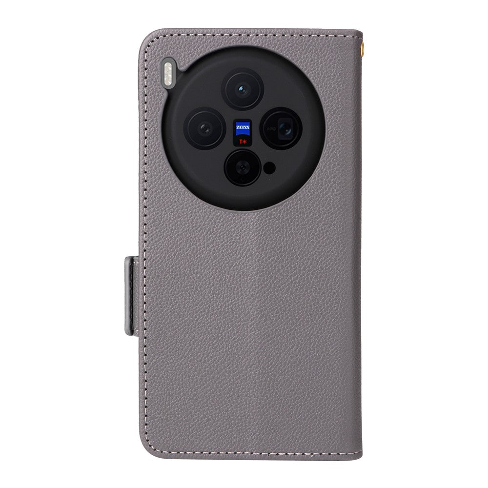 For vivo X300 5G Case Litchi Texture Wallet Leather Phone Cover with Wrist Strap - Grey