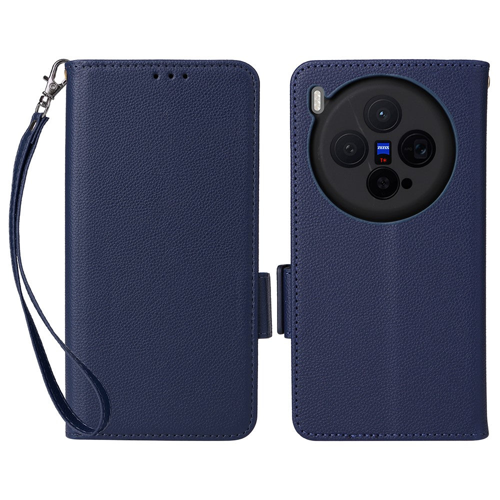 For vivo X300 5G Case Litchi Texture Wallet Leather Phone Cover with Wrist Strap - Dark Blue