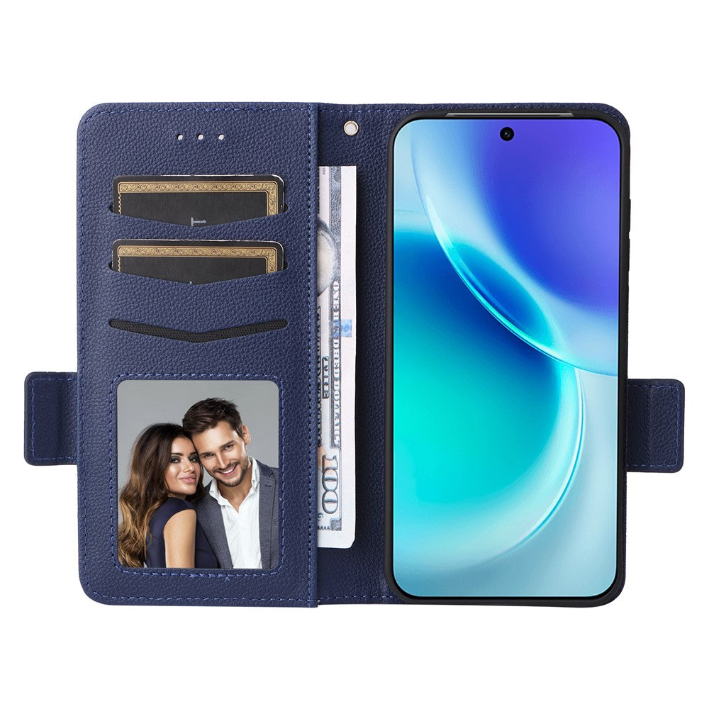 For vivo X300 5G Case Litchi Texture Wallet Leather Phone Cover with Wrist Strap - Dark Blue