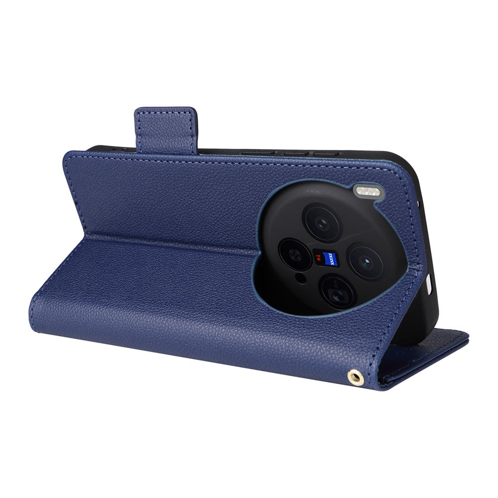 For vivo X300 5G Case Litchi Texture Wallet Leather Phone Cover with Wrist Strap - Dark Blue