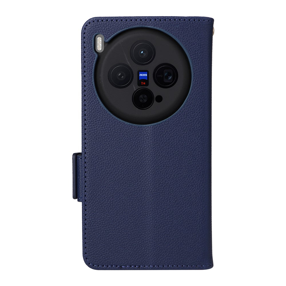 For vivo X300 5G Case Litchi Texture Wallet Leather Phone Cover with Wrist Strap - Dark Blue