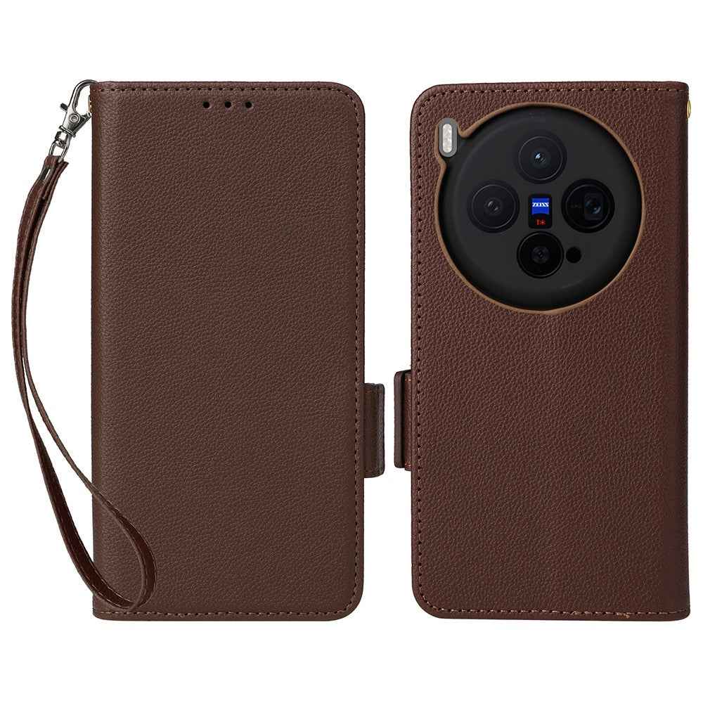 For vivo X300 5G Case Litchi Texture Wallet Leather Phone Cover with Wrist Strap - Brown