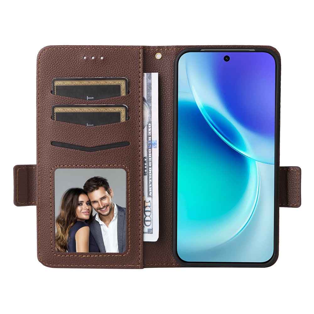 For vivo X300 5G Case Litchi Texture Wallet Leather Phone Cover with Wrist Strap - Brown