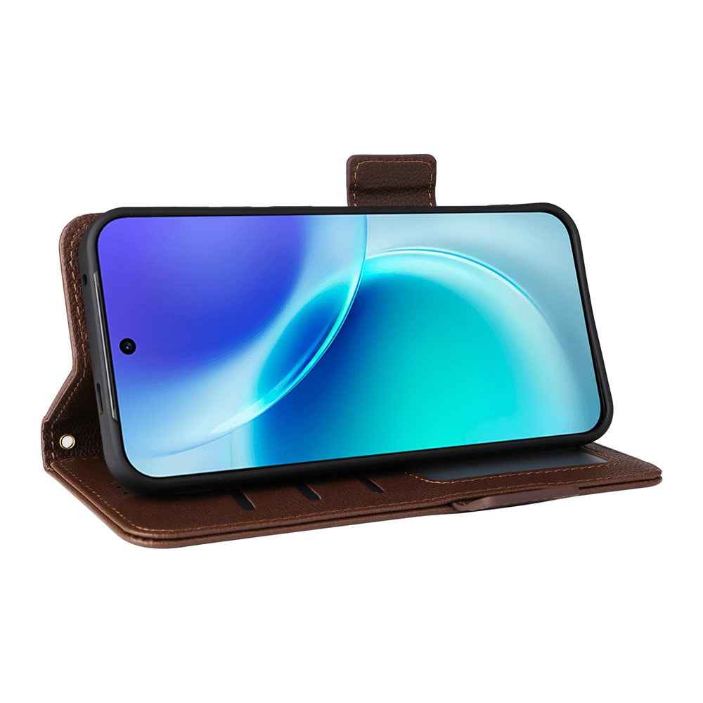 For vivo X300 5G Case Litchi Texture Wallet Leather Phone Cover with Wrist Strap - Brown