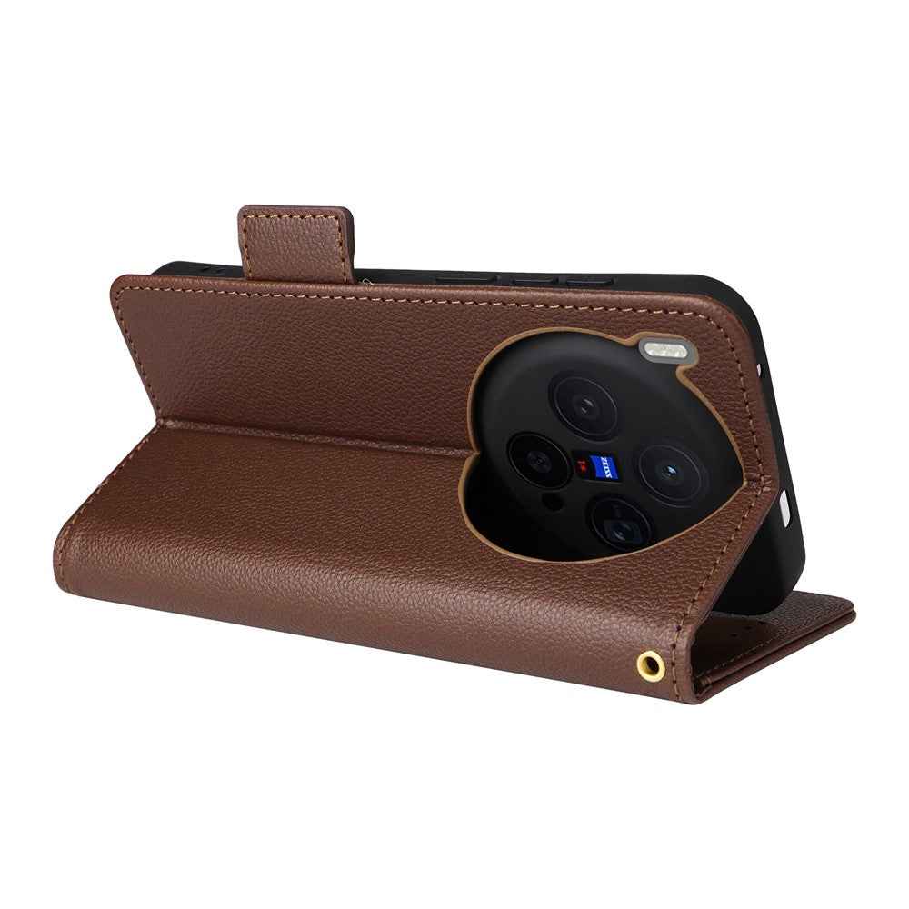 For vivo X300 5G Case Litchi Texture Wallet Leather Phone Cover with Wrist Strap - Brown