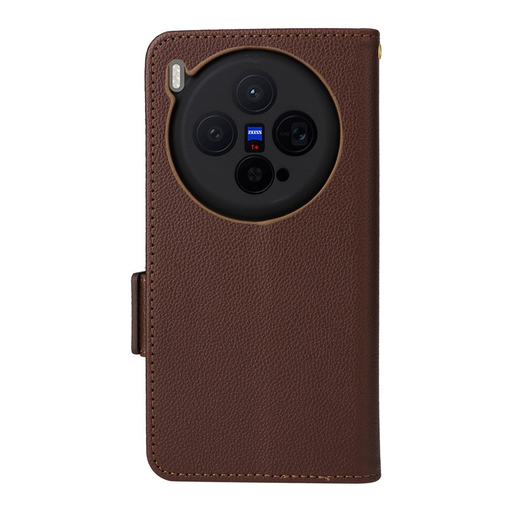 For vivo X300 5G Case Litchi Texture Wallet Leather Phone Cover with Wrist Strap - Brown