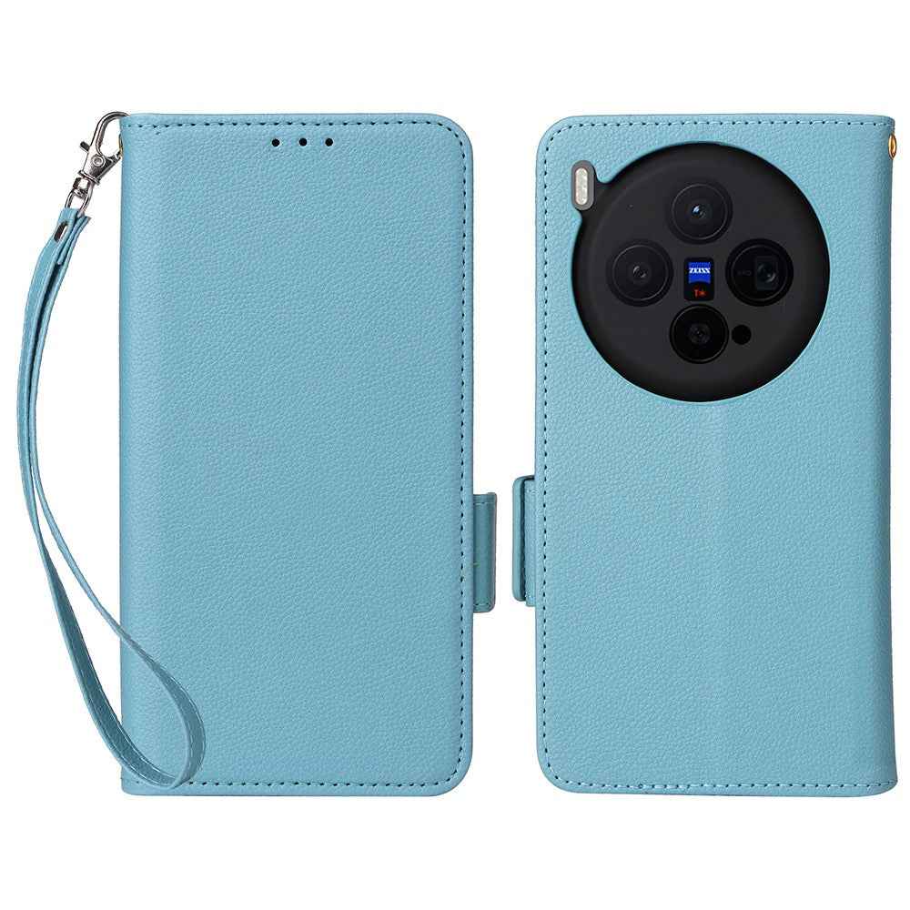 For vivo X300 5G Case Litchi Texture Wallet Leather Phone Cover with Wrist Strap - Baby Blue