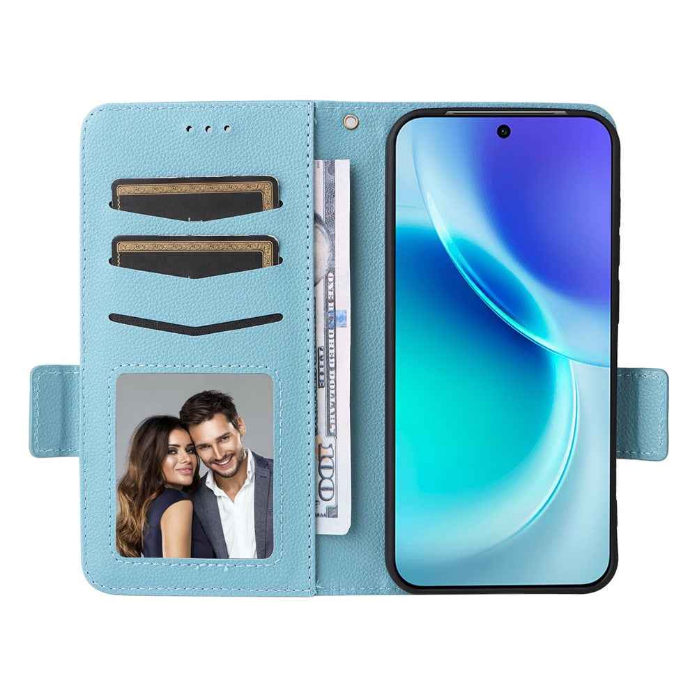 For vivo X300 5G Case Litchi Texture Wallet Leather Phone Cover with Wrist Strap - Baby Blue