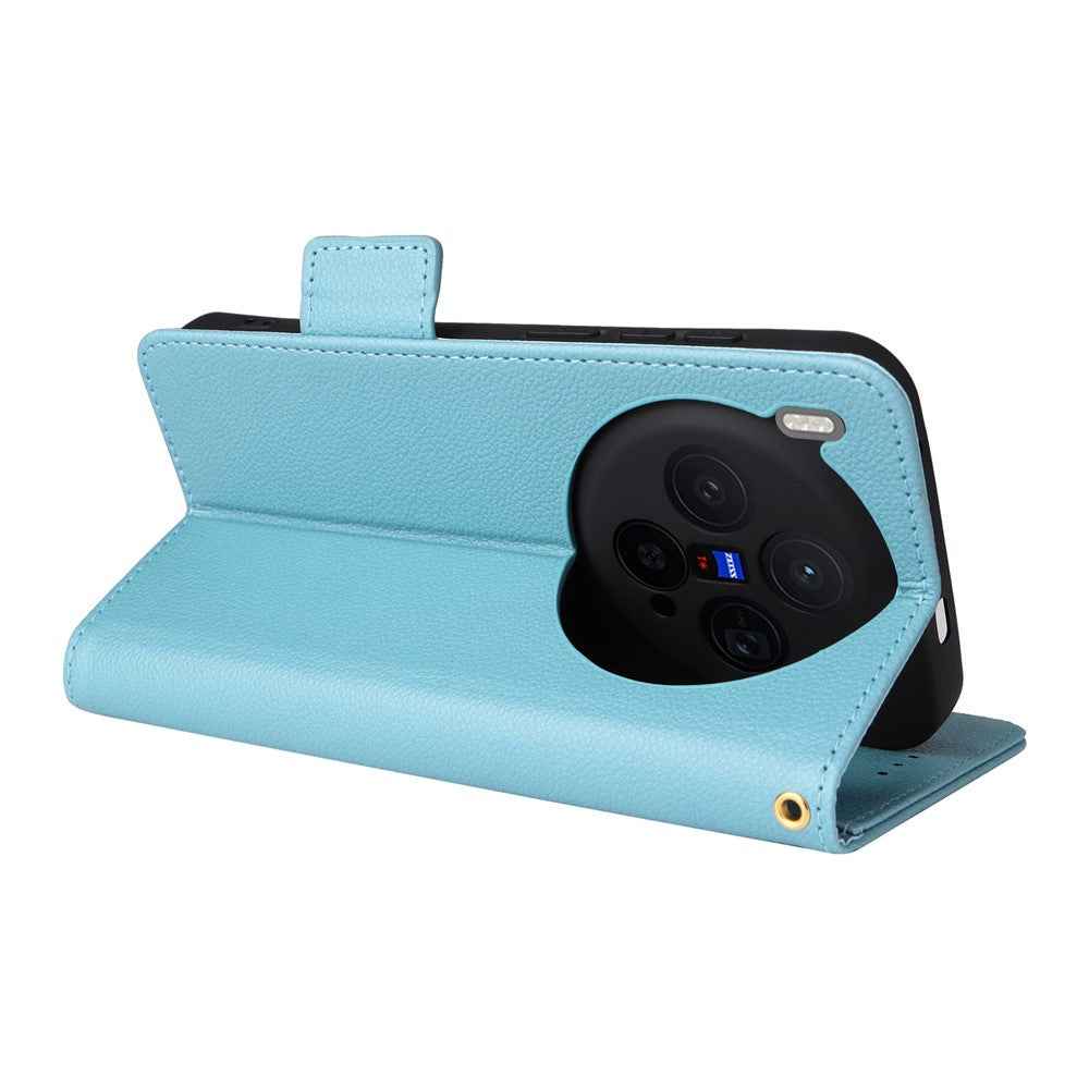 For vivo X300 5G Case Litchi Texture Wallet Leather Phone Cover with Wrist Strap - Baby Blue