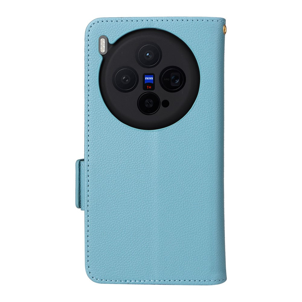 For vivo X300 5G Case Litchi Texture Wallet Leather Phone Cover with Wrist Strap - Baby Blue