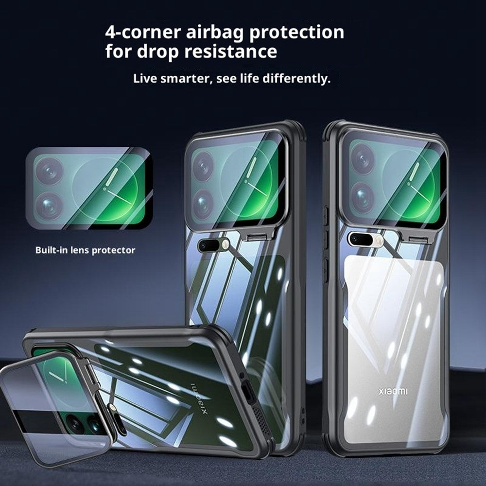 For Xiaomi 17 Pro Max Case PC + TPU Clear Phone Shell with Glass Lens Cover Kickstand