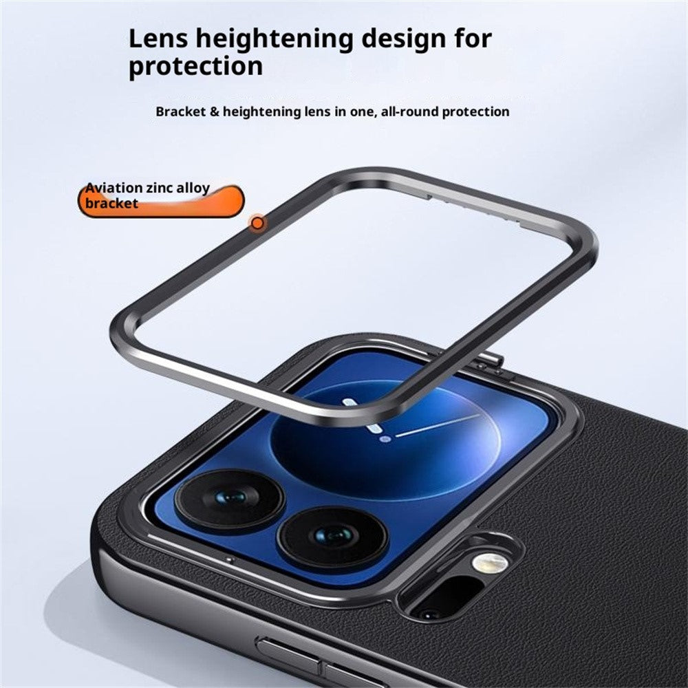 For Xiaomi 17 Pro Max Case Metal Lens Frame Kickstand Leather + Silicone Phone Cover - Green