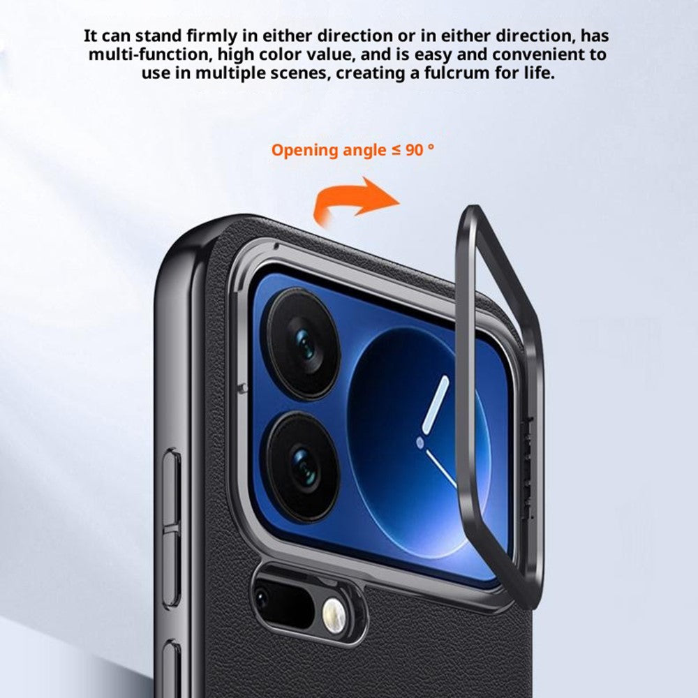 For Xiaomi 17 Pro Max Case Metal Lens Frame Kickstand Leather + Silicone Phone Cover - Purple