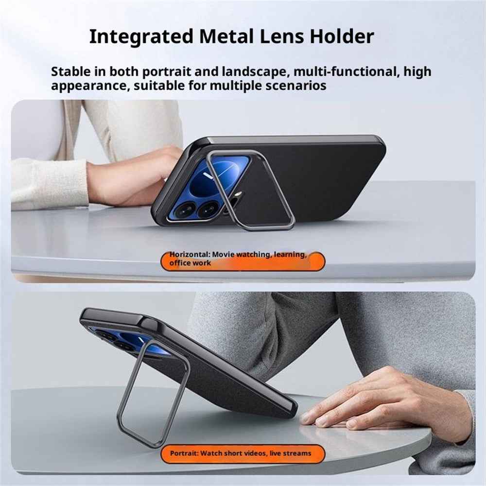 For Xiaomi 17 Pro Case Metal Lens Frame Kickstand Leather + Silicone Phone Cover - Black