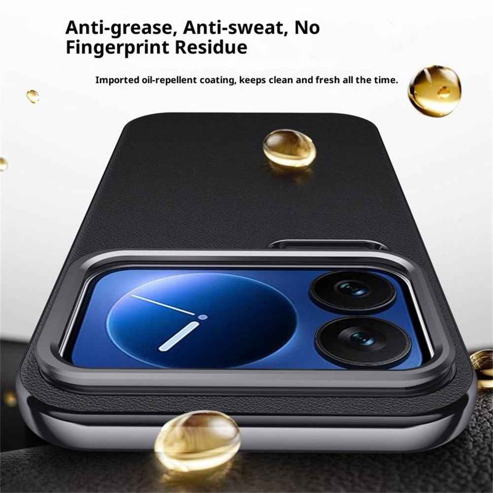 For Xiaomi 17 Pro Case Metal Lens Frame Kickstand Leather + Silicone Phone Cover - Black