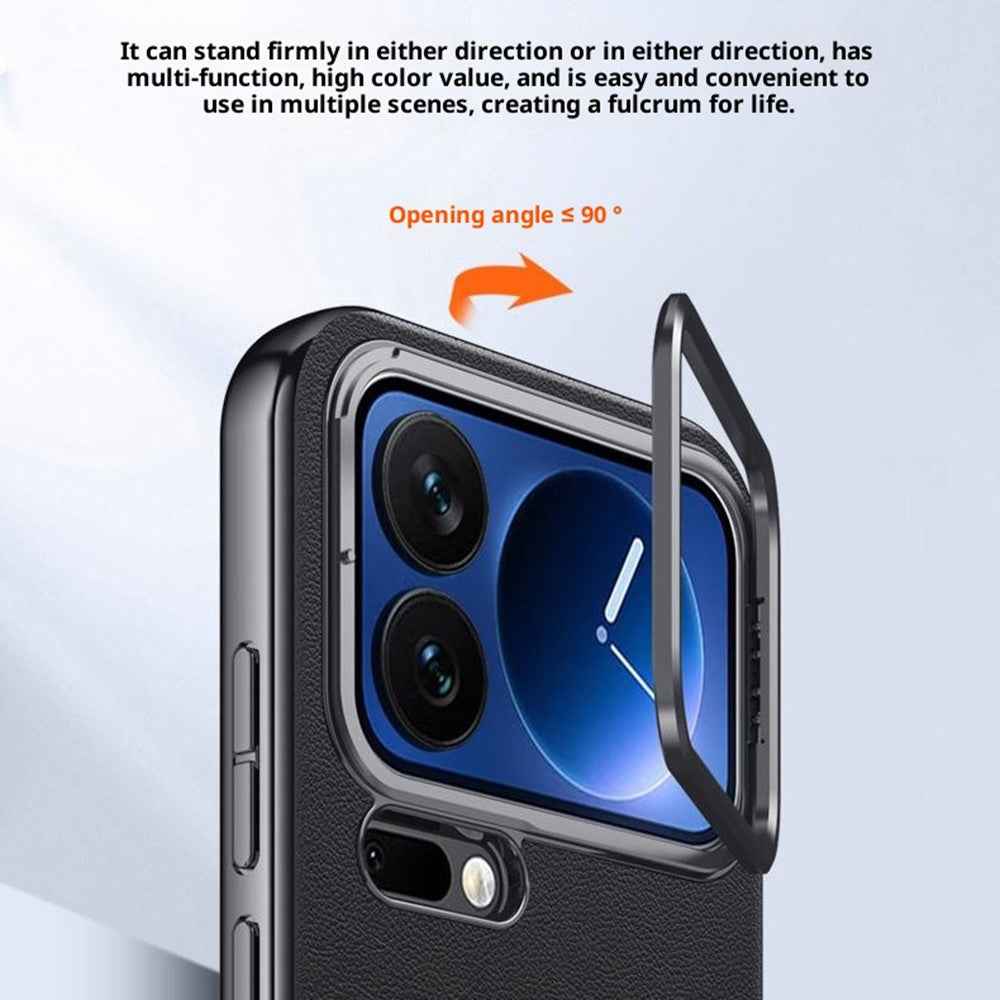 For Xiaomi 17 Pro Case Metal Lens Frame Kickstand Leather + Silicone Phone Cover - Black