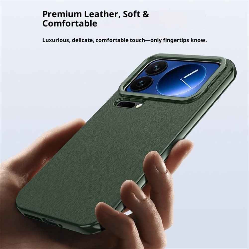 For Xiaomi 17 Pro Case Metal Lens Frame Kickstand Leather + Silicone Phone Cover - Black