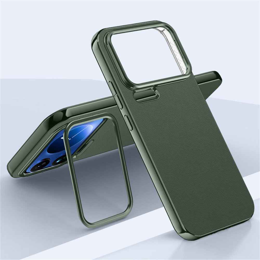 For Xiaomi 17 Pro Case Metal Lens Frame Kickstand Leather + Silicone Phone Cover - Green