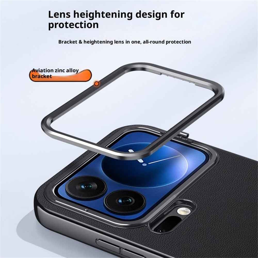 For Xiaomi 17 Pro Case Metal Lens Frame Kickstand Leather + Silicone Phone Cover - White