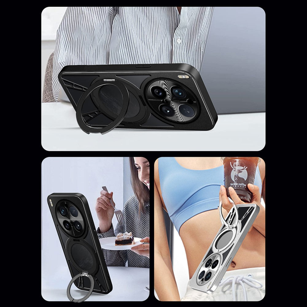 For vivo X300 Pro 5G Case Magnetic Kickstand Hollow Heat Dissipation Silicone + PC + Metal Bumper Phone Cover - Black