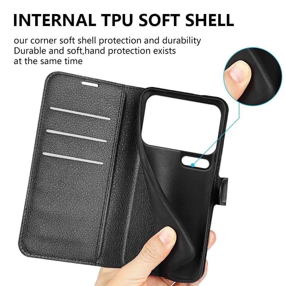 AMORUS For Xiaomi 17 Pro Wallet Case Litchi Texture Shockproof Leather Flip Stand Phone Cover - Black