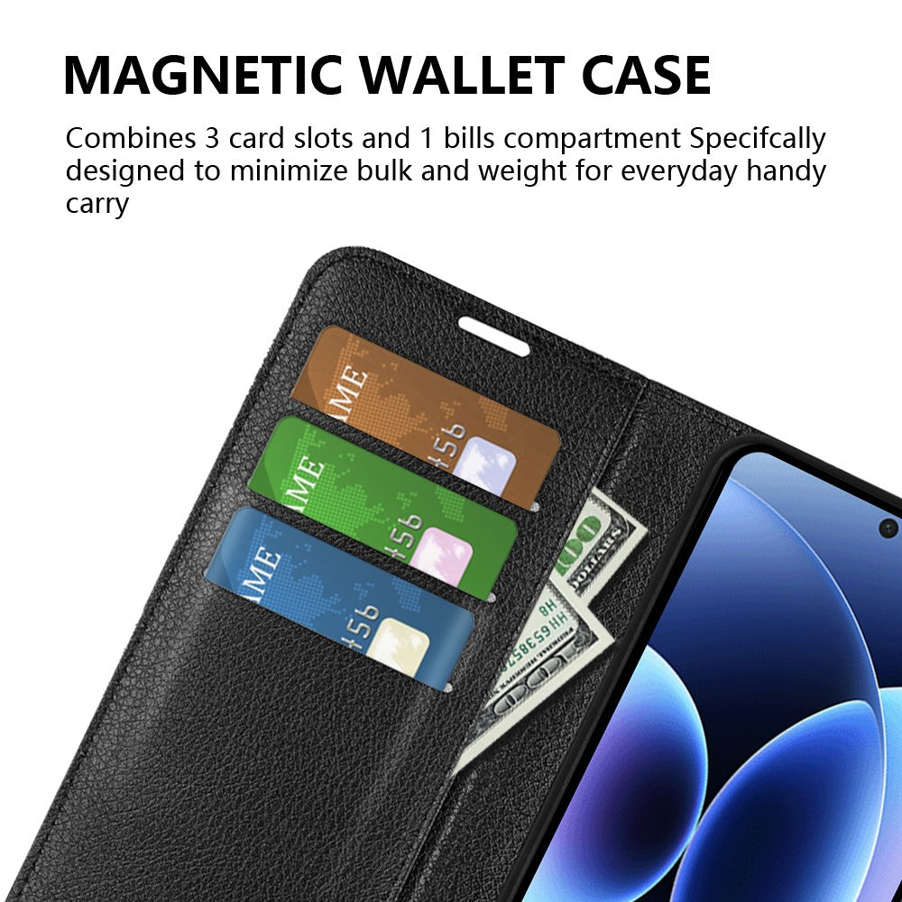 AMORUS For Xiaomi 17 Pro Max Wallet Case Litchi Texture Shockproof Leather Flip Stand Phone Cover - Black