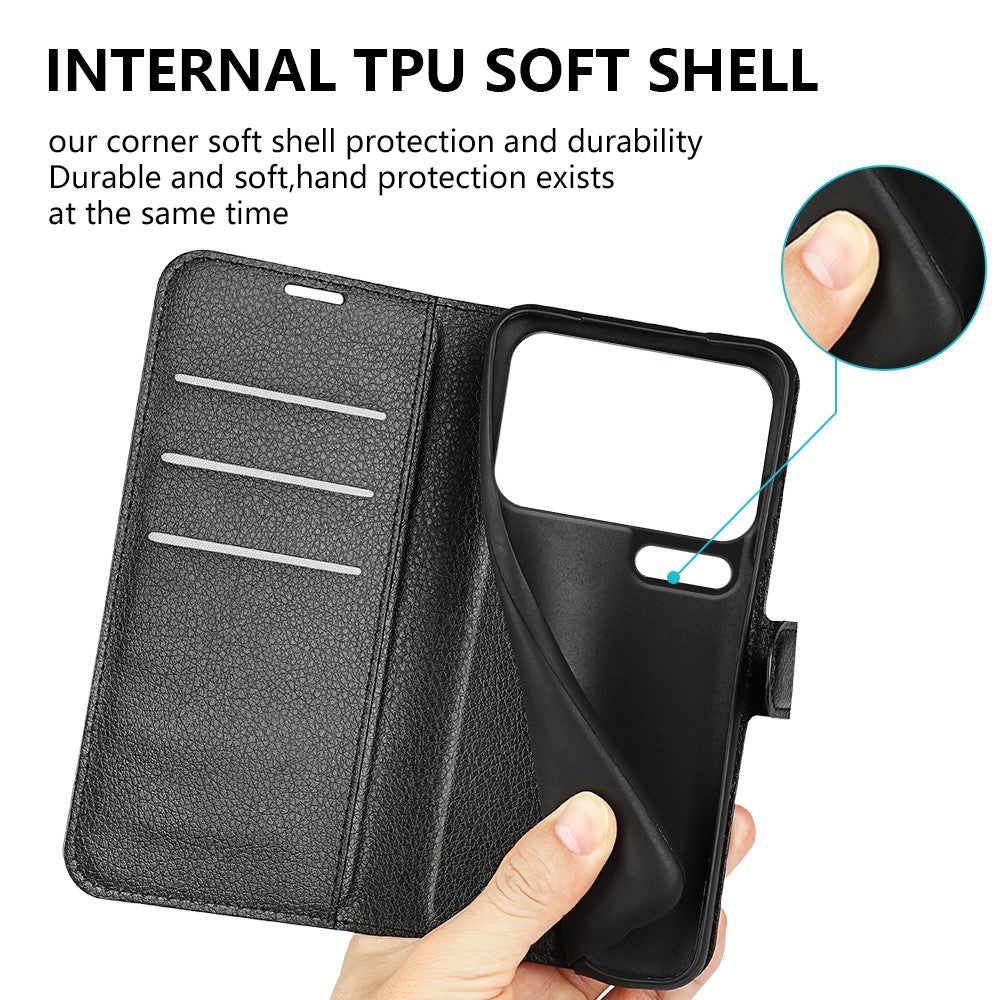 AMORUS For Xiaomi 17 Pro Max Wallet Case Litchi Texture Shockproof Leather Flip Stand Phone Cover - Black