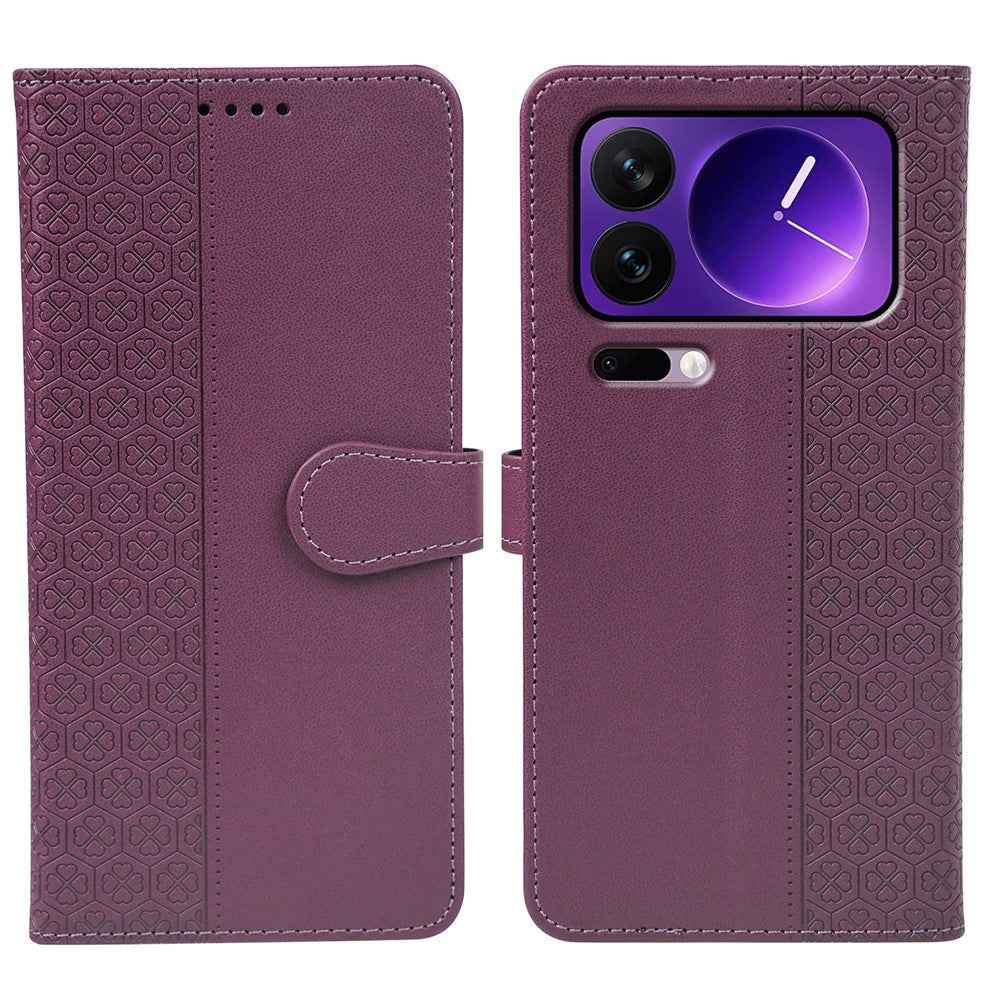 For Xiaomi 17 Pro Case Magnetic Clasp Four Leaf Clover Leather Phone Cover - Dark Purple