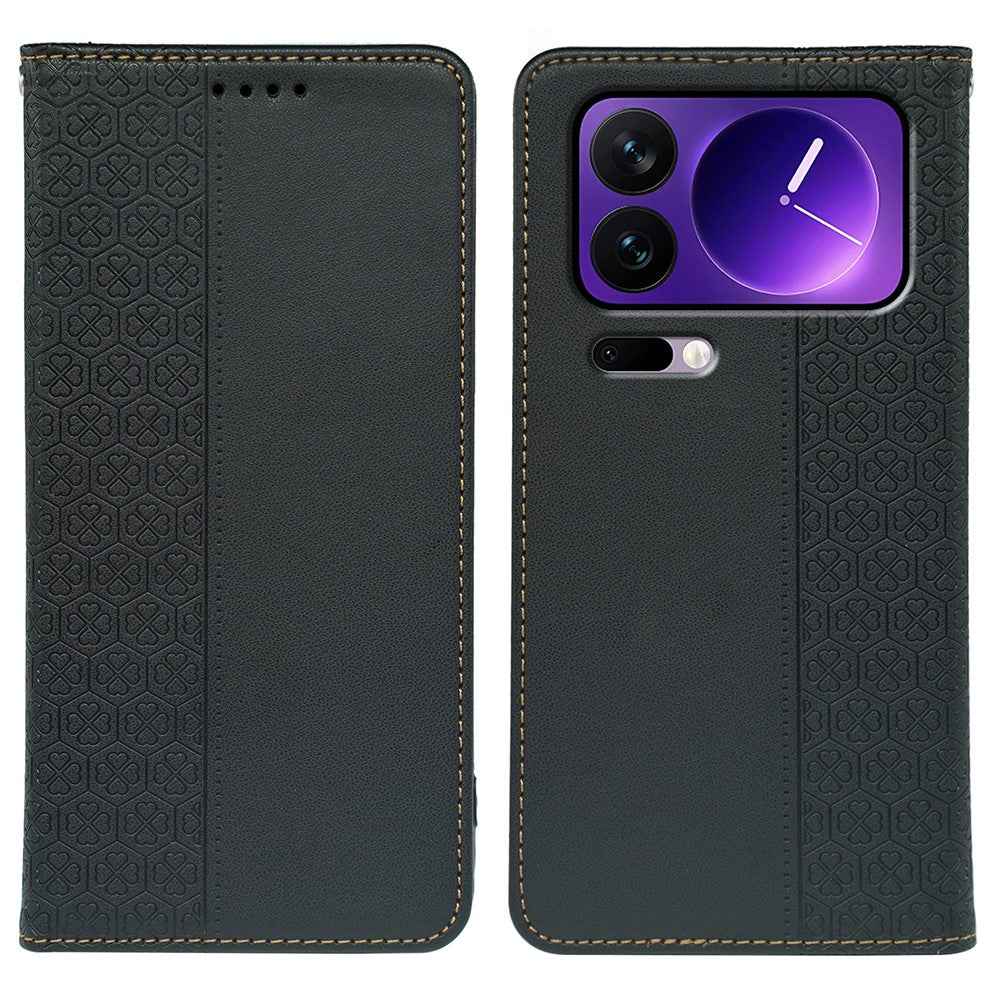 For Xiaomi 17 Pro Case Four Leaf Clover Leather Flip Phone Cover Stand Wallet - Black