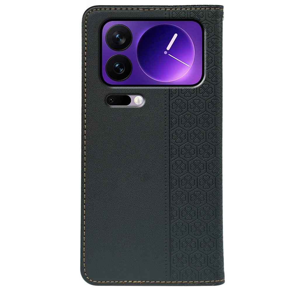 For Xiaomi 17 Pro Case Four Leaf Clover Leather Flip Phone Cover Stand Wallet - Black