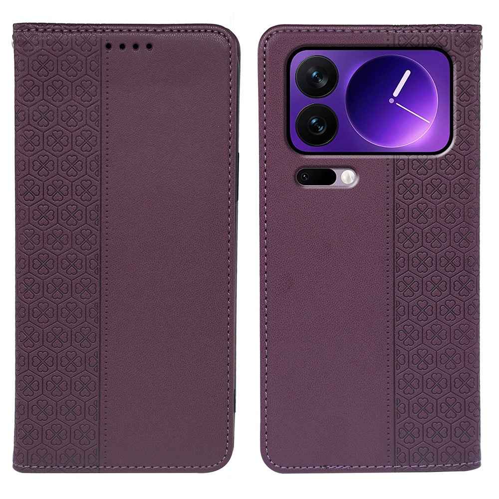 For Xiaomi 17 Pro Case Four Leaf Clover Leather Flip Phone Cover Stand Wallet - Dark Purple