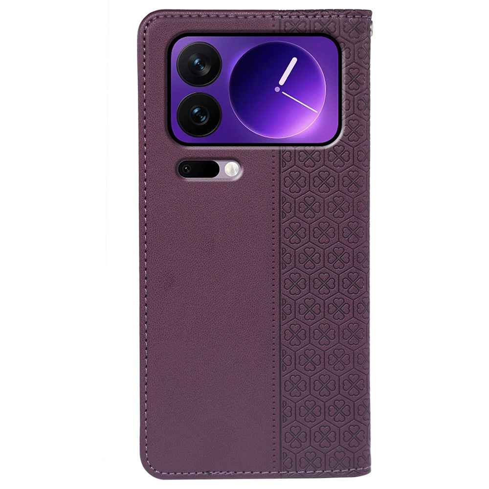 For Xiaomi 17 Pro Case Four Leaf Clover Leather Flip Phone Cover Stand Wallet - Dark Purple