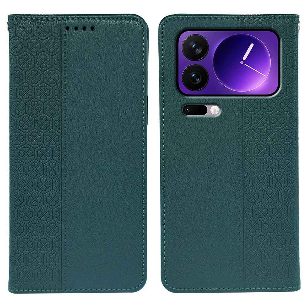 For Xiaomi 17 Pro Case Four Leaf Clover Leather Flip Phone Cover Stand Wallet - Green