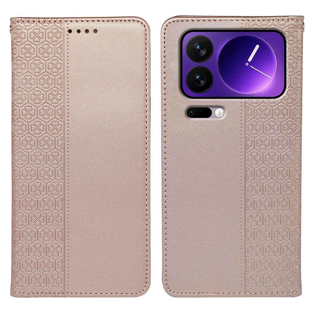 For Xiaomi 17 Pro Case Four Leaf Clover Leather Flip Phone Cover Stand Wallet - Rose Gold