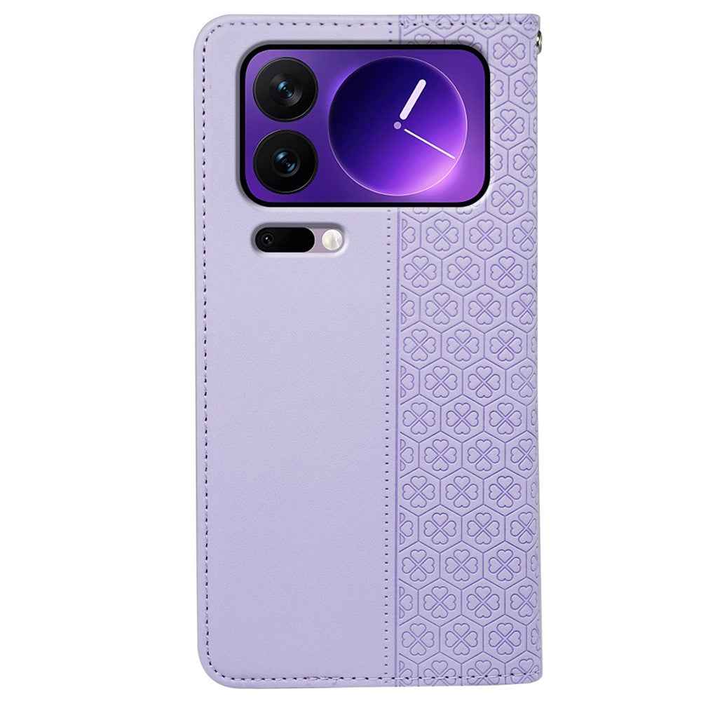 For Xiaomi 17 Pro Case Four Leaf Clover Leather Flip Phone Cover Stand Wallet - Light Purple