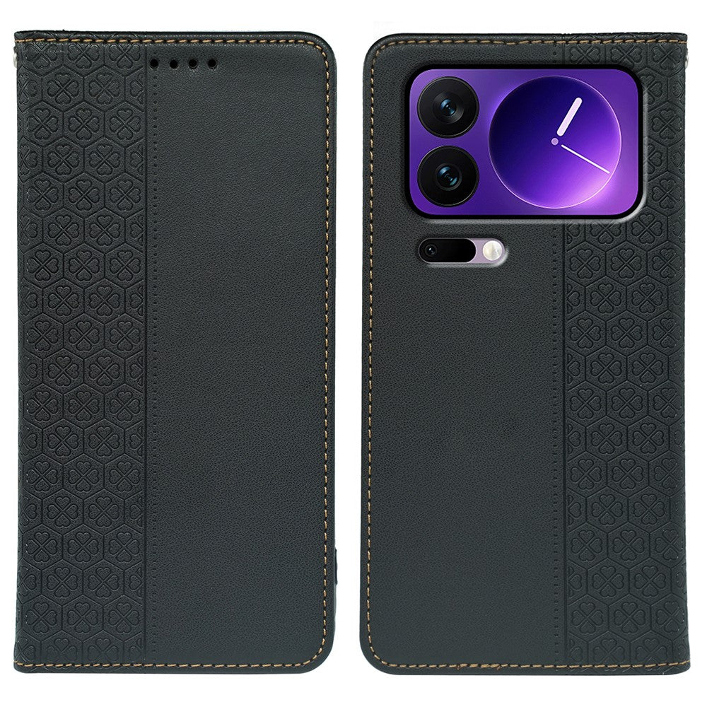 For Xiaomi 17 Pro Max Case Four Leaf Clover Leather Flip Phone Cover Stand Wallet - Black