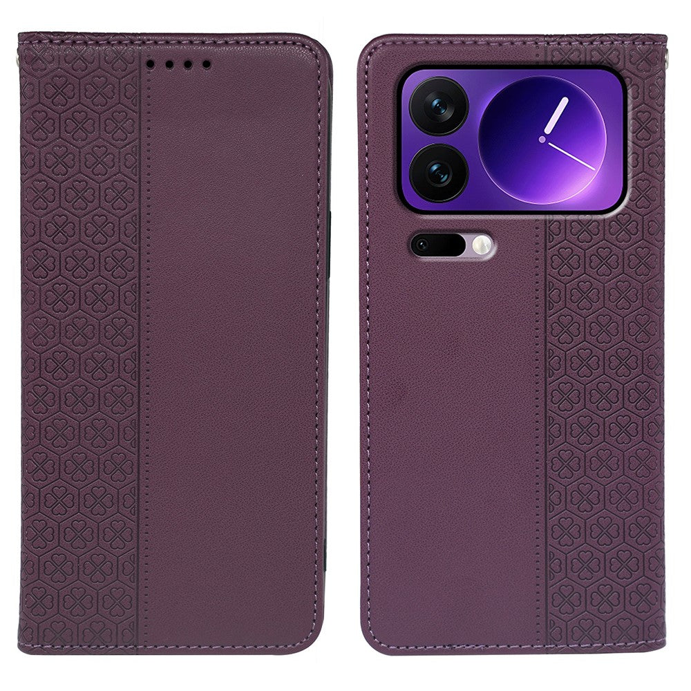 For Xiaomi 17 Pro Max Case Four Leaf Clover Leather Flip Phone Cover Stand Wallet - Dark Purple