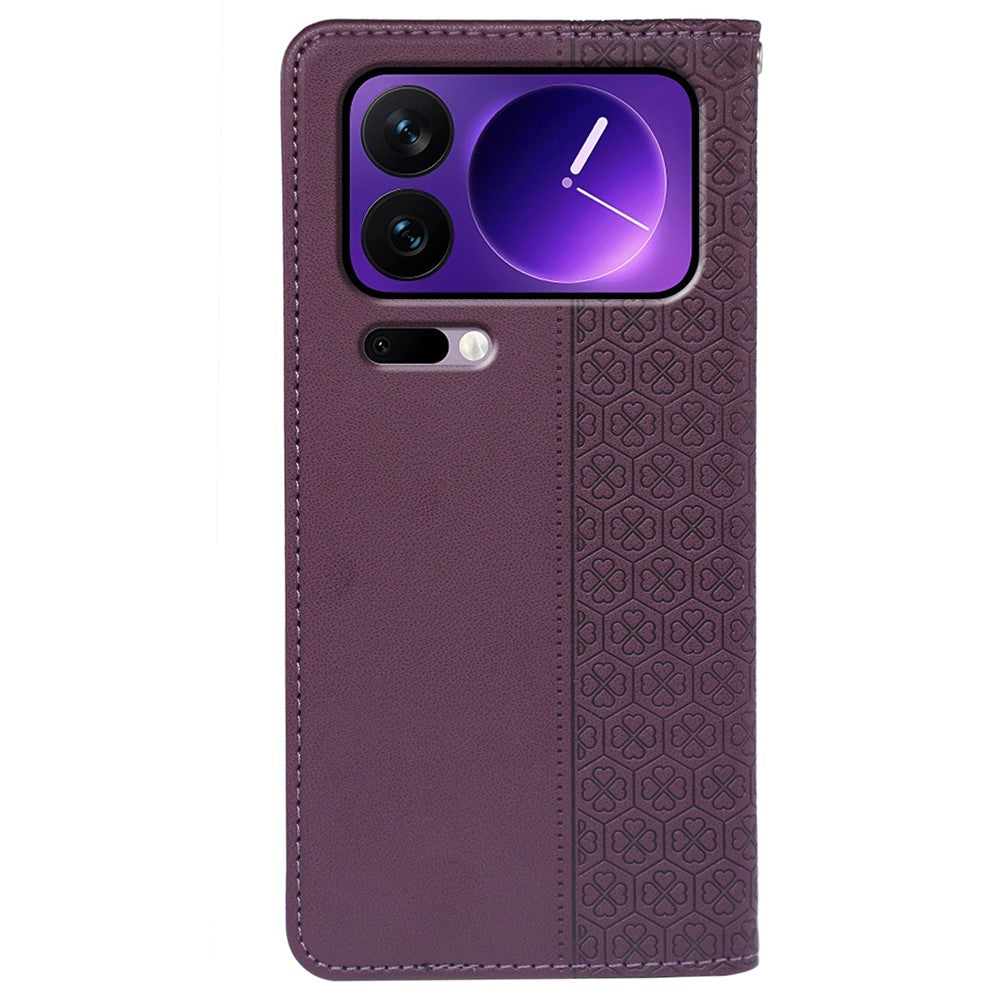 For Xiaomi 17 Pro Max Case Four Leaf Clover Leather Flip Phone Cover Stand Wallet - Dark Purple
