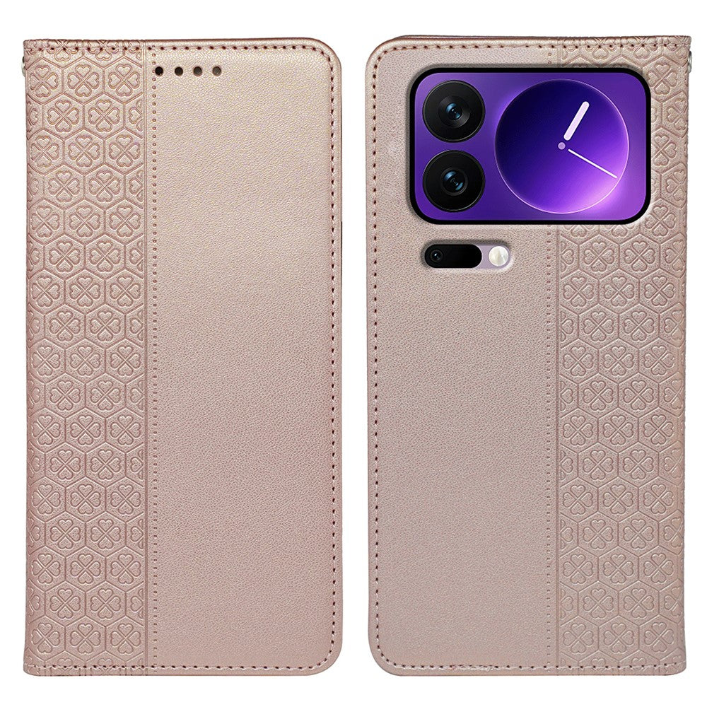 For Xiaomi 17 Pro Max Case Four Leaf Clover Leather Flip Phone Cover Stand Wallet - Rose Gold
