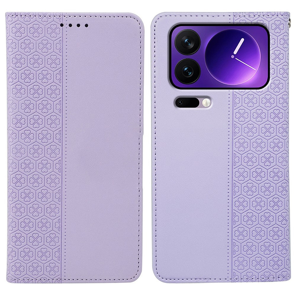 For Xiaomi 17 Pro Max Case Four Leaf Clover Leather Flip Phone Cover Stand Wallet - Light Purple