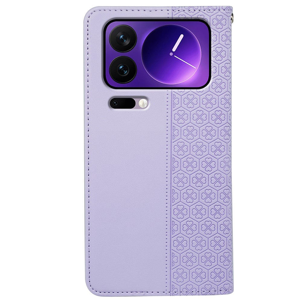 For Xiaomi 17 Pro Max Case Four Leaf Clover Leather Flip Phone Cover Stand Wallet - Light Purple