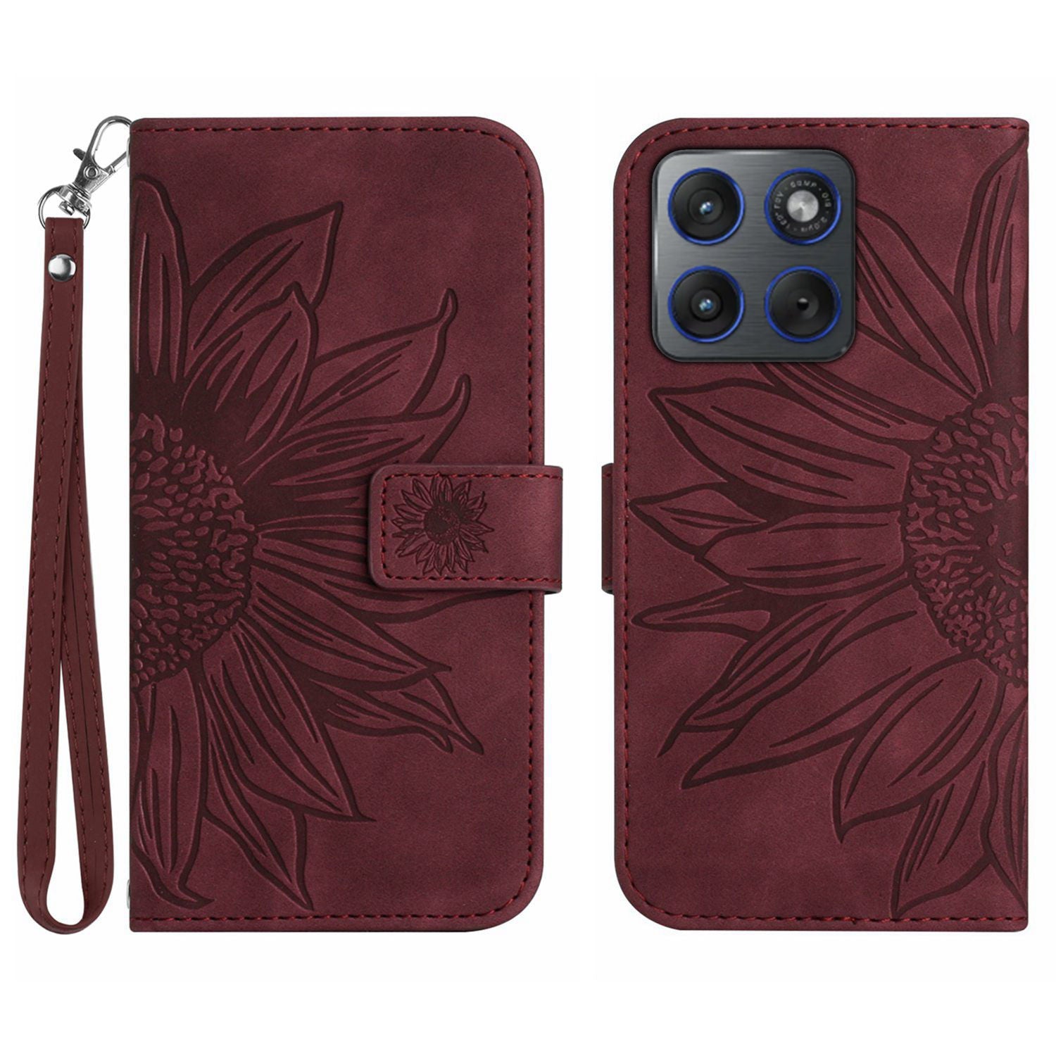 For Motorola Edge 70 5G Case Sunflower Imprint Leather Wallet Phone Cover with Wrist Strap - Wine Red