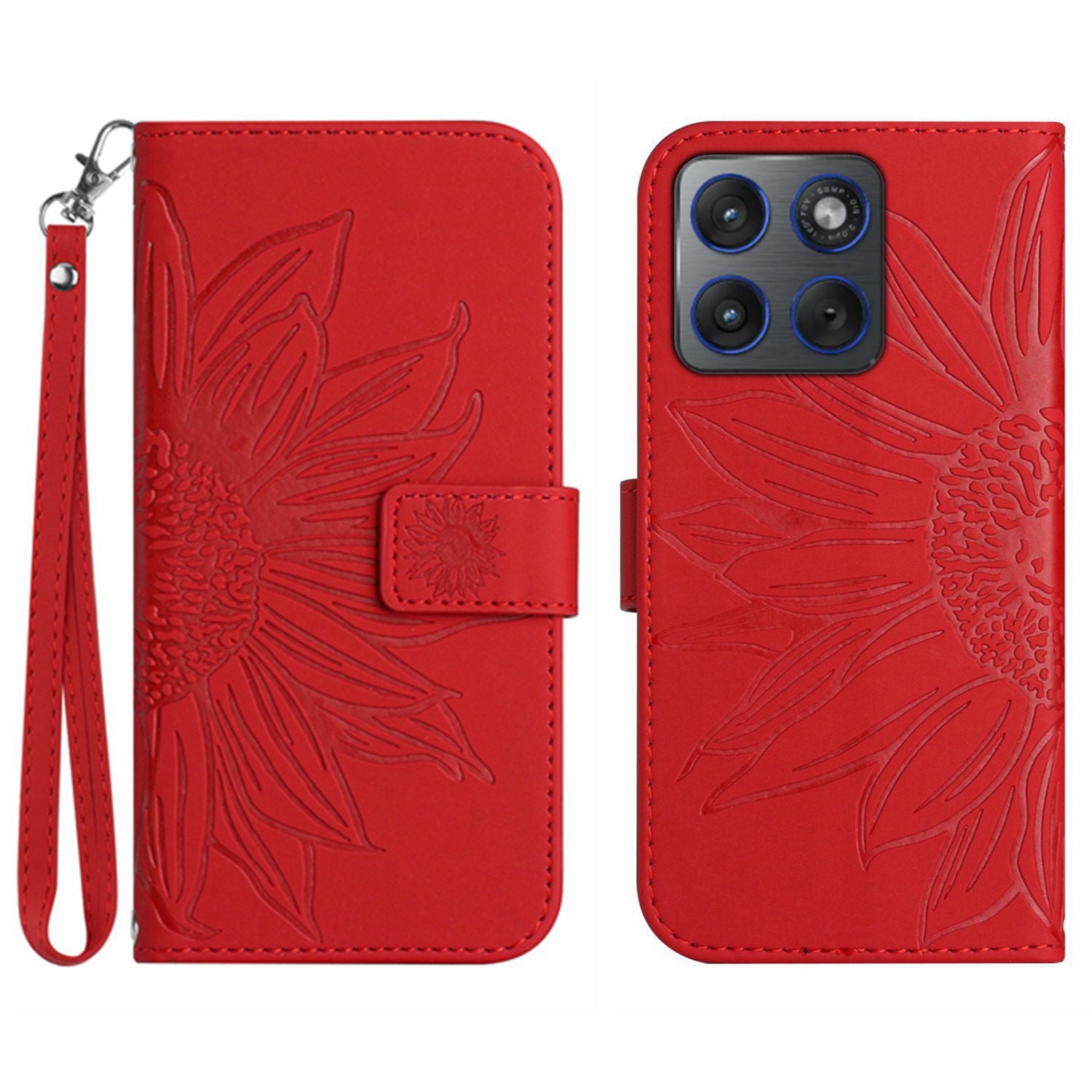 For Motorola Edge 70 5G Case Sunflower Imprint Leather Wallet Phone Cover with Wrist Strap - Red