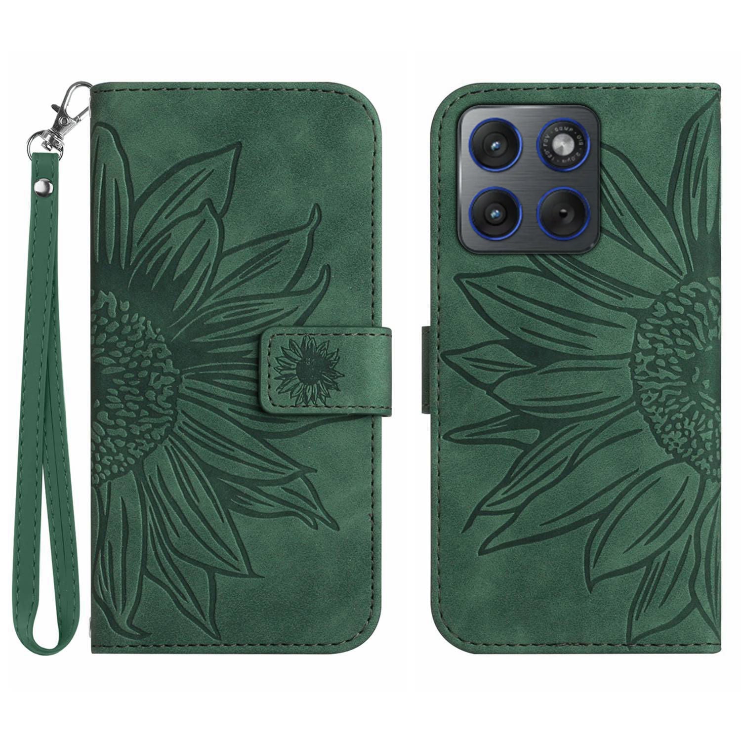 For Motorola Edge 70 5G Case Sunflower Imprint Leather Wallet Phone Cover with Wrist Strap - Dark Green