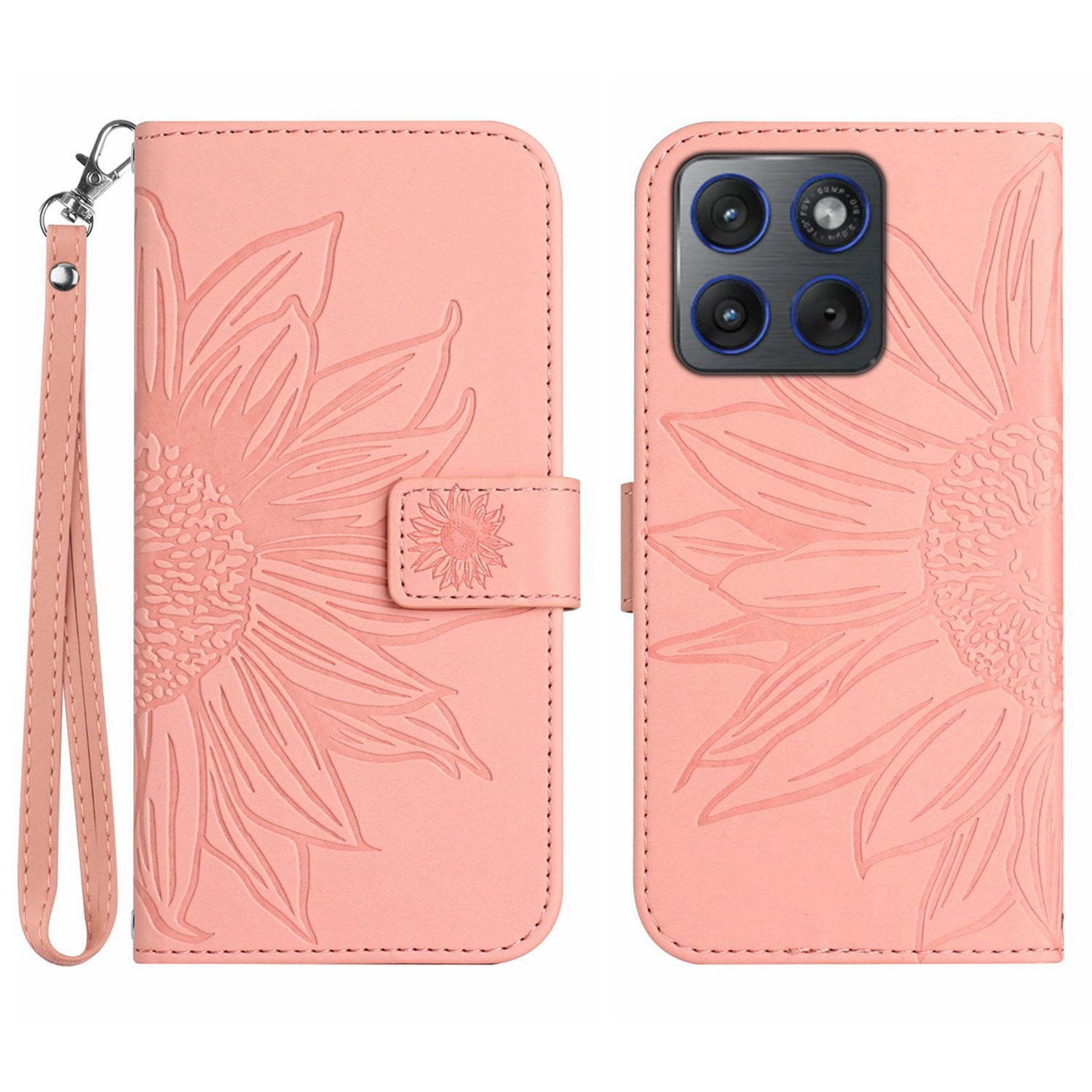 For Motorola Edge 70 5G Case Sunflower Imprint Leather Wallet Phone Cover with Wrist Strap - Pink